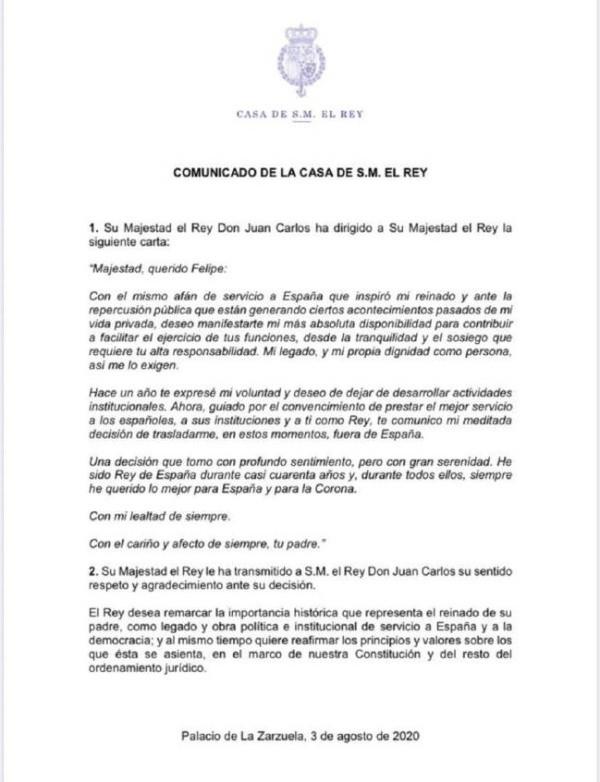 El comunicado emitido por La Zarzuela. Foto: (Casa de S.M El Rey)