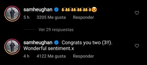 Los comentarios de Sam Heughan en la publicación de Caitriona Balfe. 