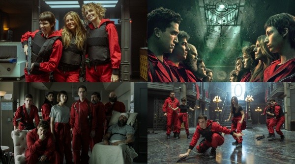 La banda con sus overoles. Fotos: (Netflix)