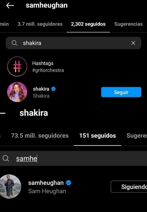 Sam Heughan y Shakira se siguen en Instagram. 